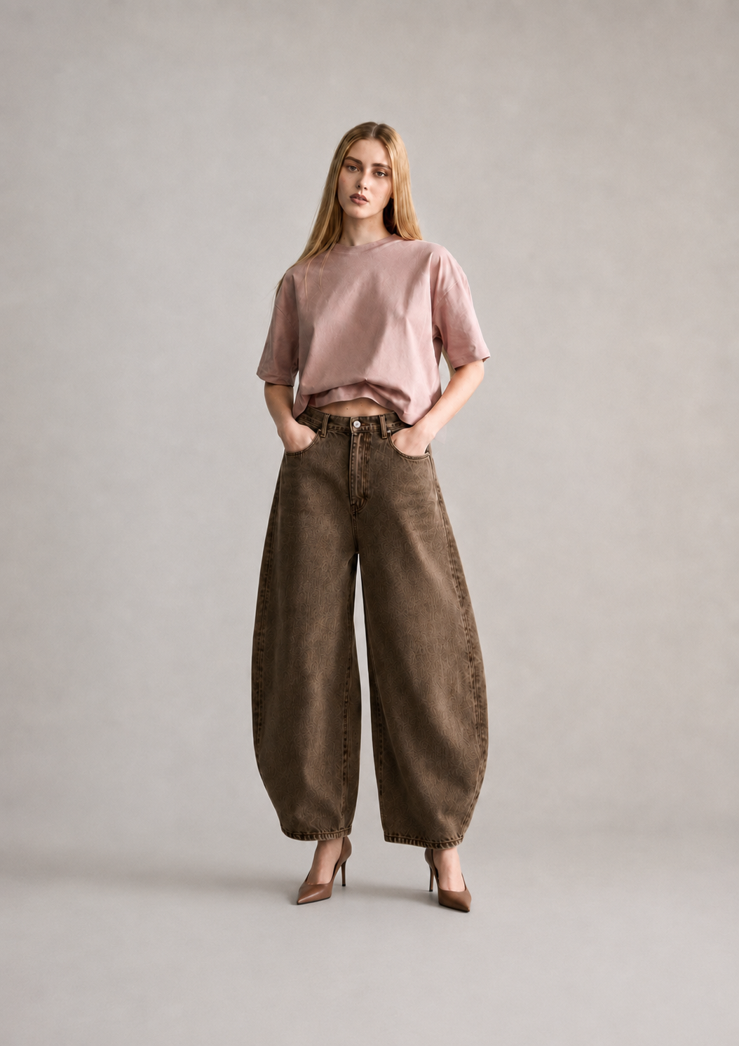 Jeans balloon unisex LÖSEN marrone con vestibilità ampia e décolleté – vista frontale